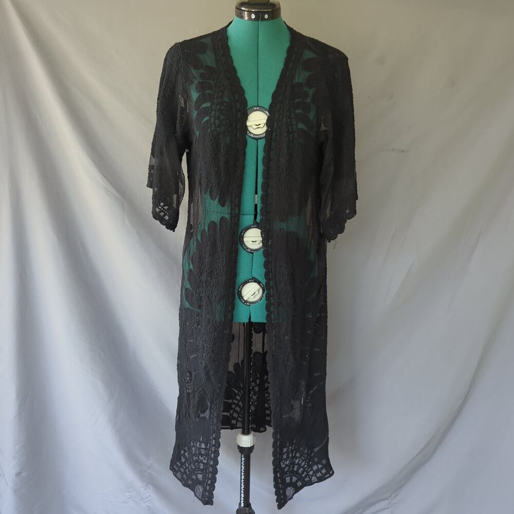 Rebellion Black Lace Kimono Duster Sheer Boho Festival Cardigan Medium